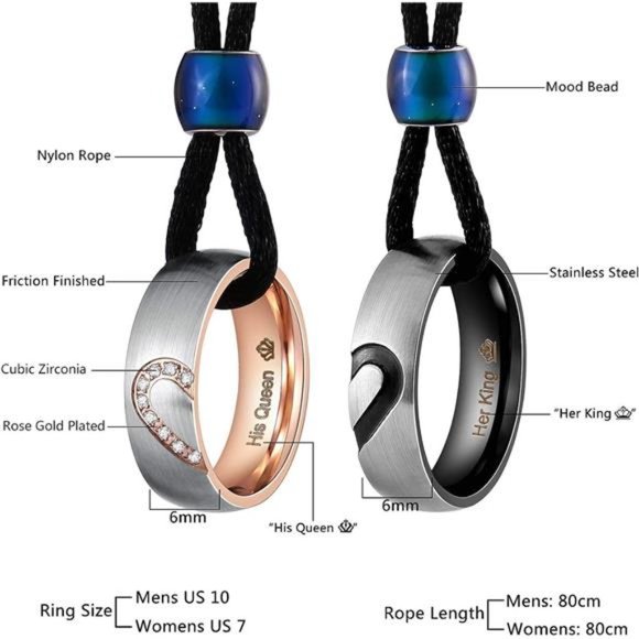 Matching Necklace, Stainless Steel Necklaces 2Pcs Couple Ring Heart Pendant - Picture 3 of 7